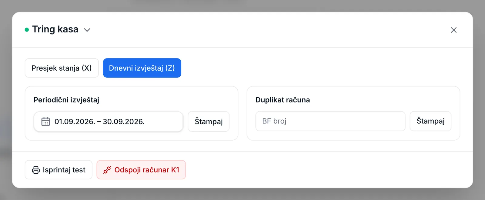 Prozor Tring kasa u eFirmi: dugmad Presjek stanja (X) i Dnevni izvještaj (Z), periodični izvještaj s periodom od 1. do 30. septembra i duplikat računa po BF broju.