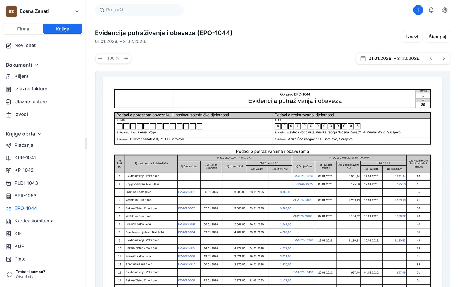 Obrazac EPO-1044 u eFirmi za 2026. godinu: kupci i dobavljači, izdati računi s datumom i iznosom naplate, primljeni računi s datumom i iznosom plaćanja i redni broj iz knjige prihoda i rashoda u koloni 19.
