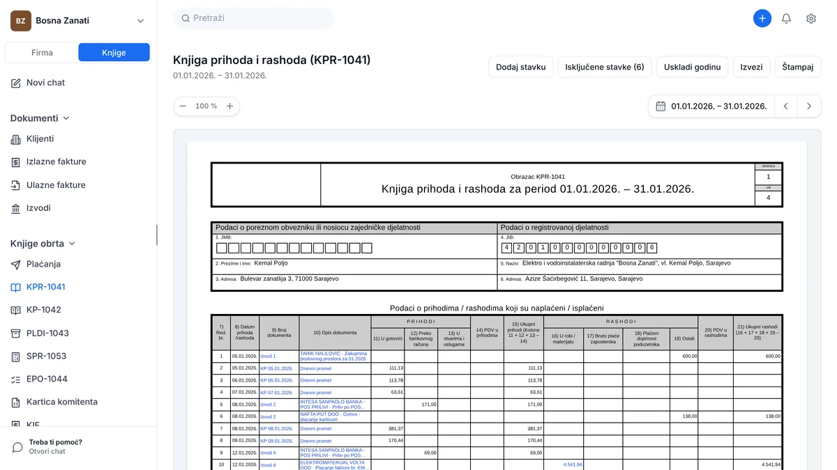 Knjiga prihoda i rashoda KPR-1041 otvorena u eFirmi: lijevo meni Knjige obrta s obrascima KPR-1041, KP-1042, PLDI-1043, SPR-1053 i EPO-1044, desno prva strana obrasca s podacima obrtnika i prvim stavkama januara.