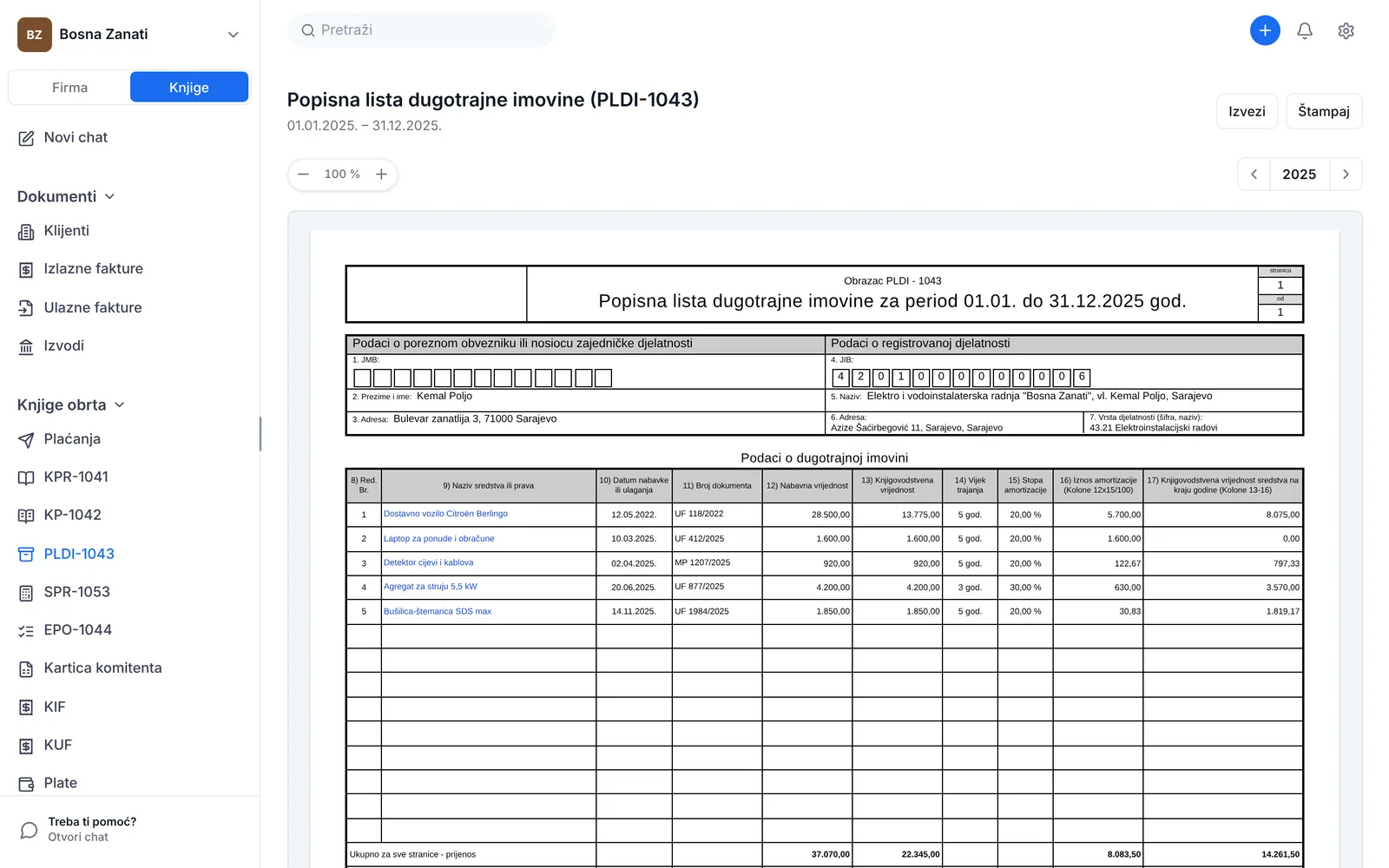 Obrazac PLDI-1043 za 2025. godinu u eFirmi s pet sredstava, njihovom nabavnom i knjigovodstvenom vrijednošću, vijekom trajanja, stopom, amortizacijom i vrijednošću na kraju godine i prijenosom zbira.
