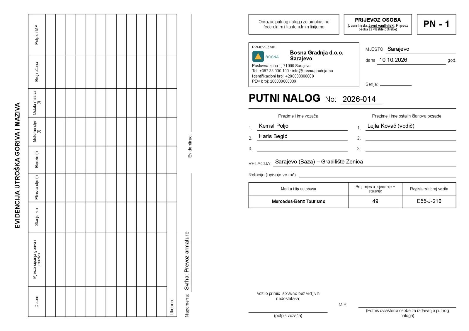 Vanjska strana obrasca PN-1 kako ga štampa eFirma: lijevo evidencija utroška goriva i maziva, desno naslovna strana s prijevoznikom, vozačima, relacijom i podacima autobusa.