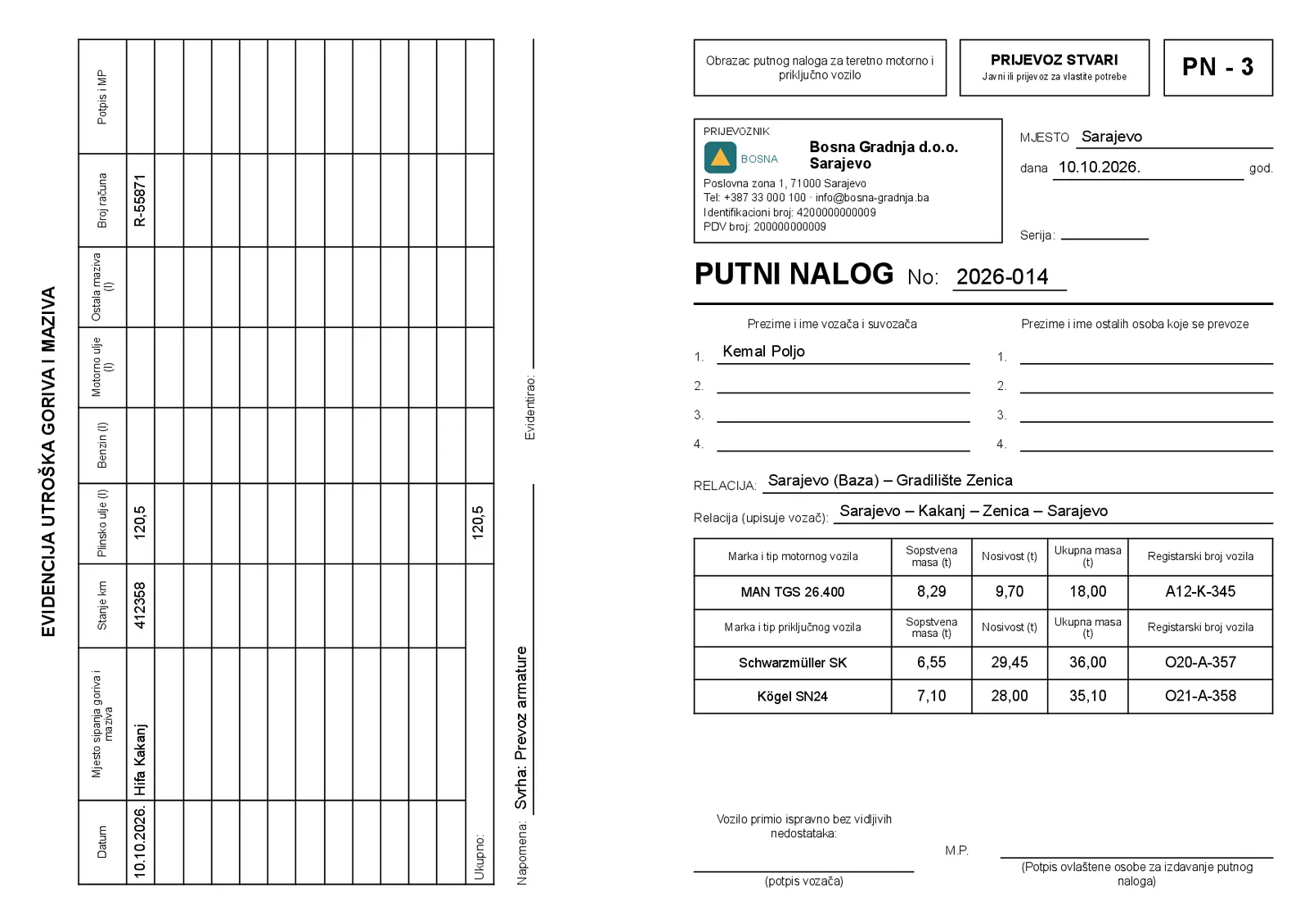 Vanjska strana obrasca PN-3 kako ga štampa eFirma: lijevo okrenuta evidencija utroška goriva i maziva, desno naslovna strana s prijevoznikom, vozačem, relacijom, kamionom i dvije prikolice s masama.