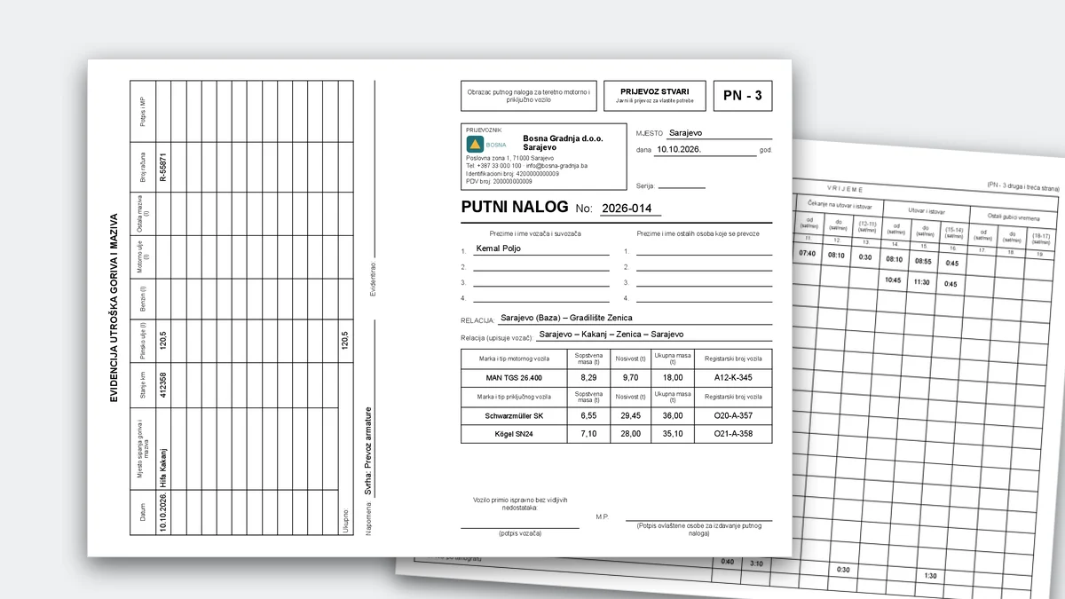 Obrazac putnog naloga PN-3 kako ga štampa eFirma: vanjska strana s evidencijom goriva i naslovnom stranom ispred unutrašnje strane s evidencijom korištenja vozila.