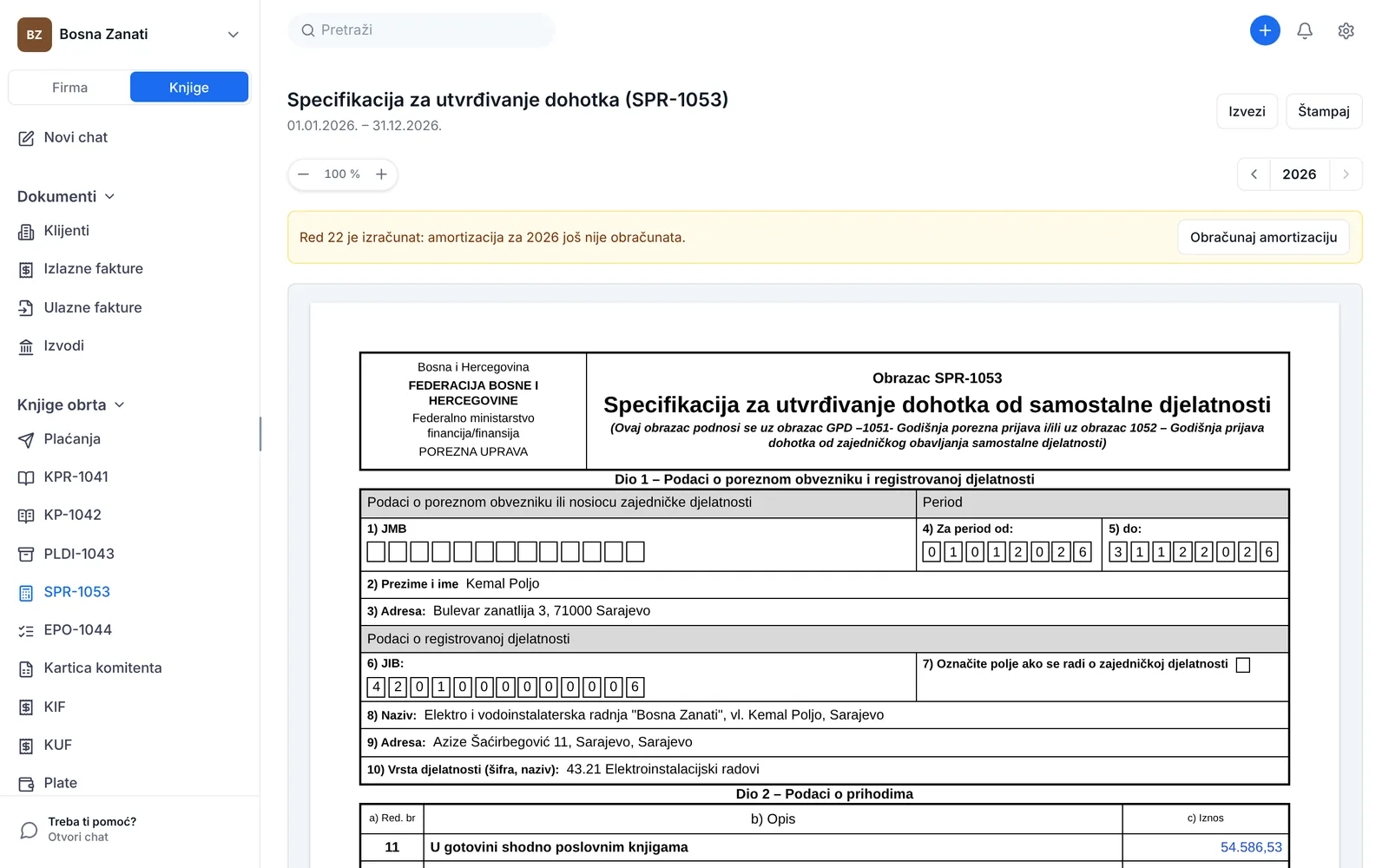 Obrazac SPR-1053 u eFirmi za 2026. godinu: zaglavlje Porezne uprave FBiH i dio 1 s JMB-om, imenom i adresom obveznika, periodom od 01.01. do 31.12., JIB-om, nazivom, adresom i djelatnošću obrta.