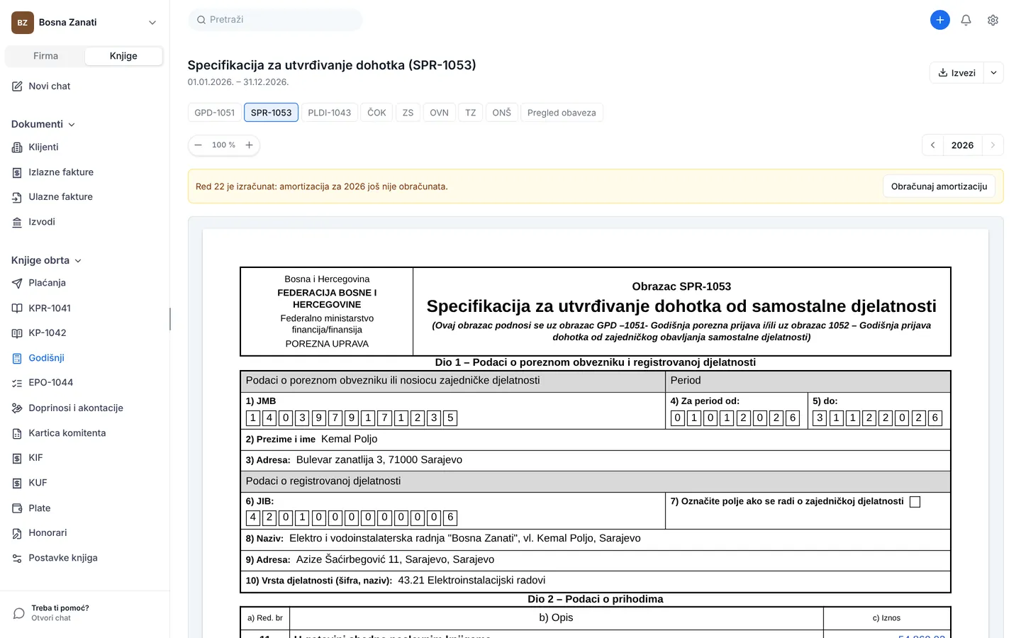 Specifikacija za utvrđivanje dohotka SPR-1053 popunjena iz knjiga